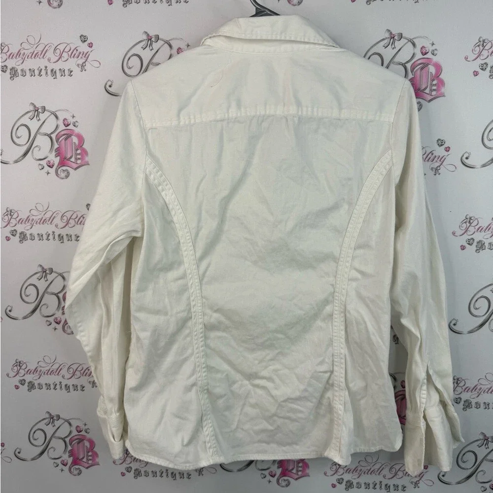 Cleo long sleeve shirt button up  cream White Shirt collared shiny buttons - Picture 2 of 13